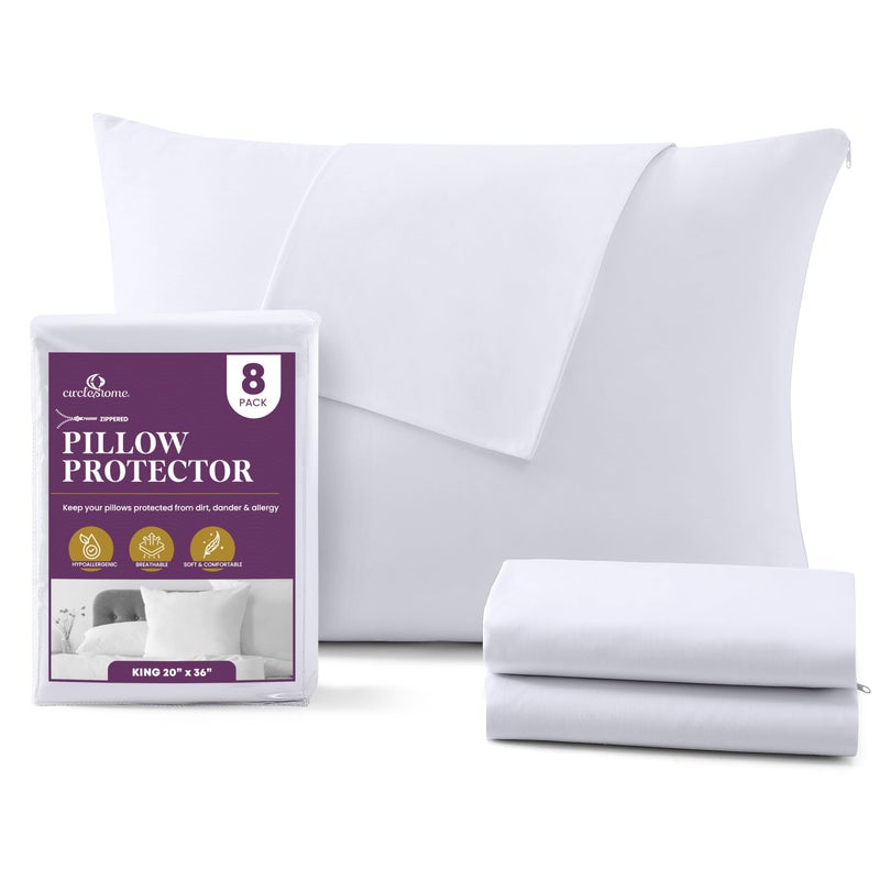 CirclesHome Pillow Protectors 8 Pack King Zippered - 100% Cotton Breathable Pillowcases - Protects Pillows from Dirt, Dust and Debris (King - Set of 8 - 20x36) - Image 1